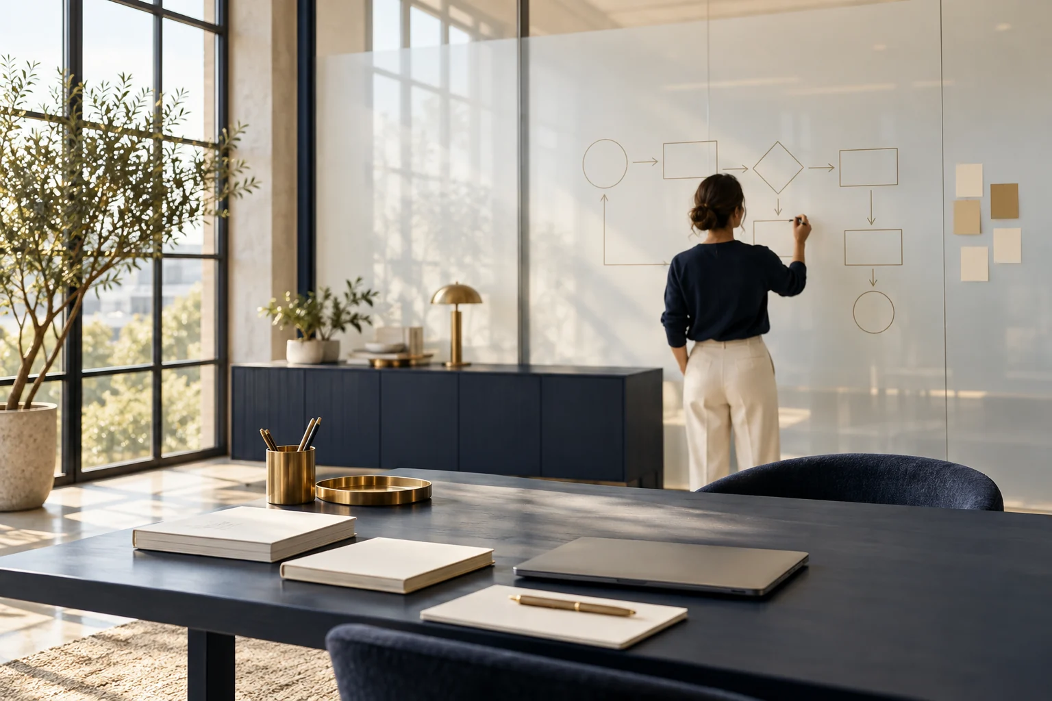 Illustrative planning workshop with an anonymous professional mapping a workflow; a concept scene, not an actual company office.