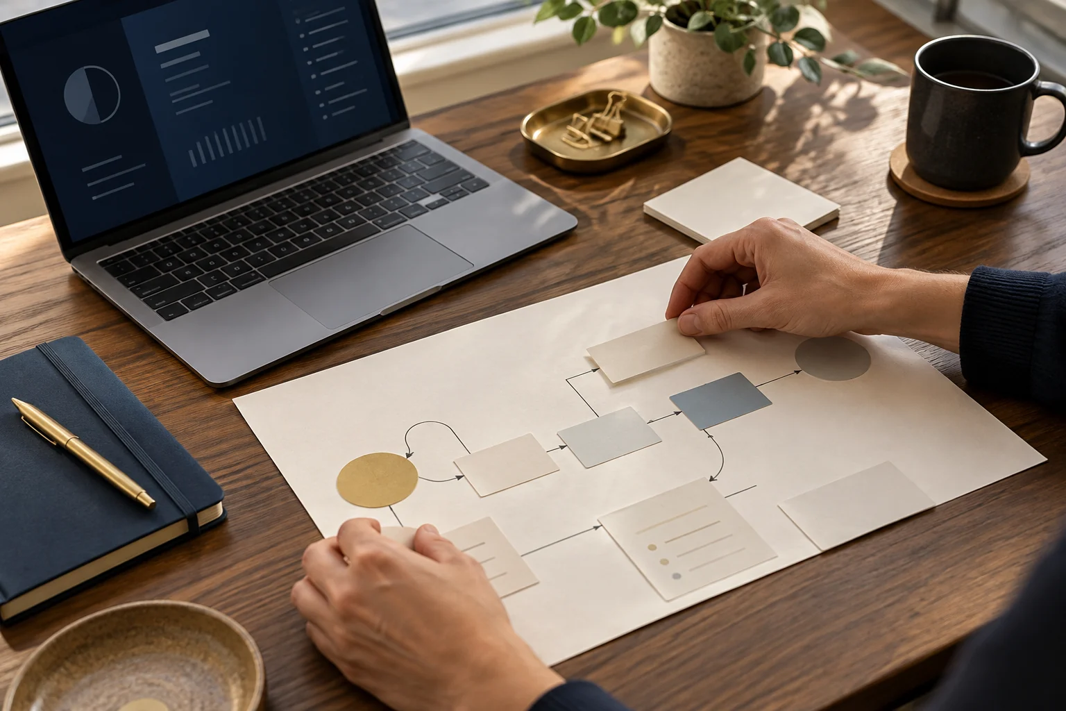 Illustrative workflow planning at a desk with a laptop, process cards and hands arranging the work.