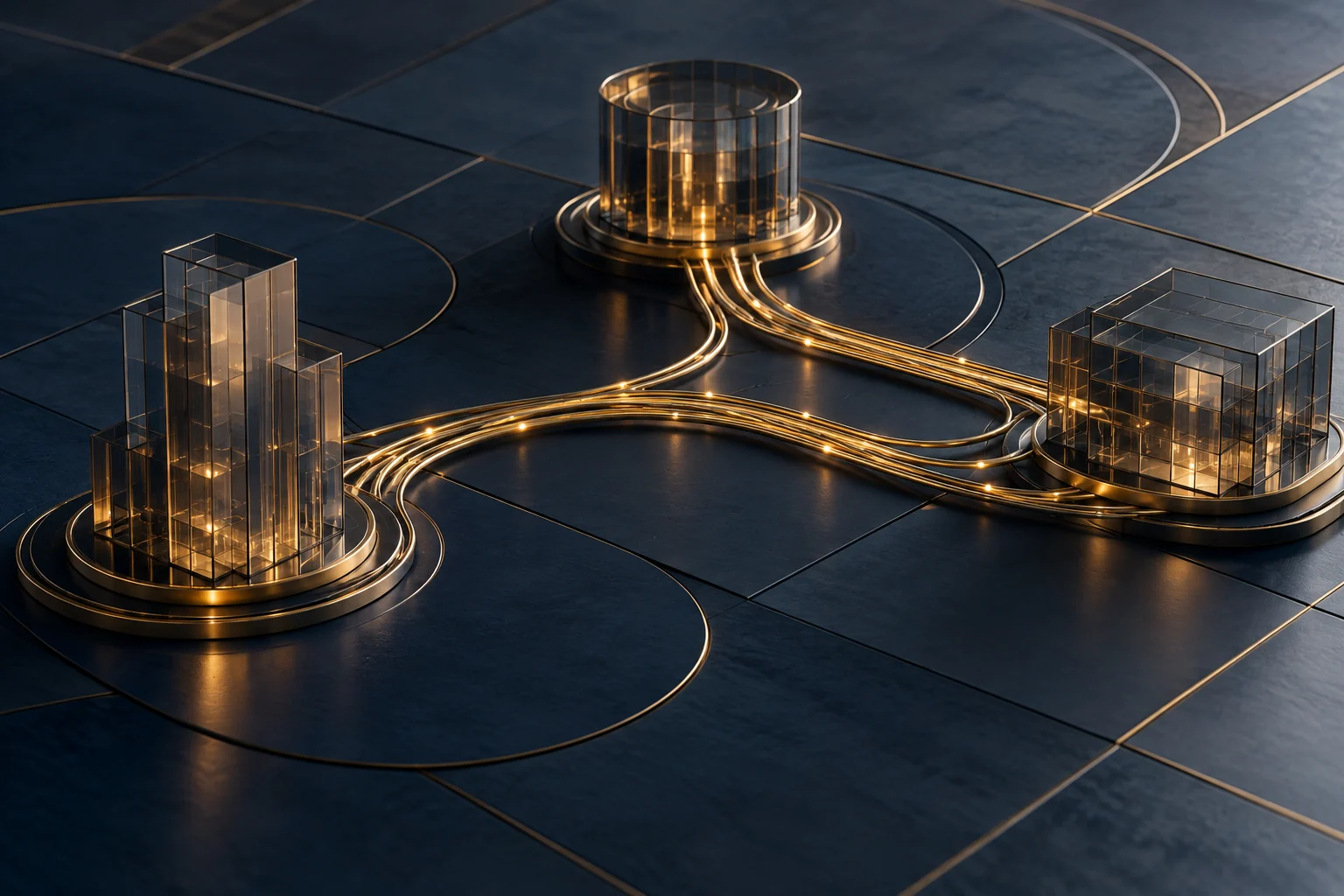 Concept illustration of glass structures connected by brass pathways, representing integrated business systems.