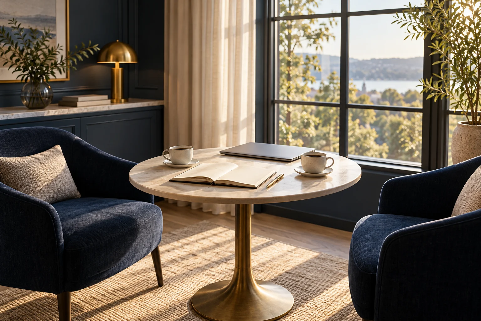 Illustrative meeting setting with two chairs, notebooks and coffee, ready for a business conversation.