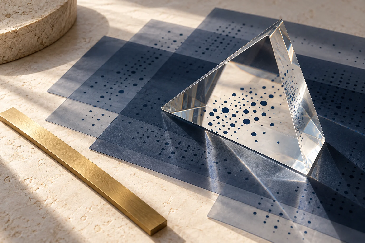 Concept illustration of layered information brought into focus through a clear glass prism.