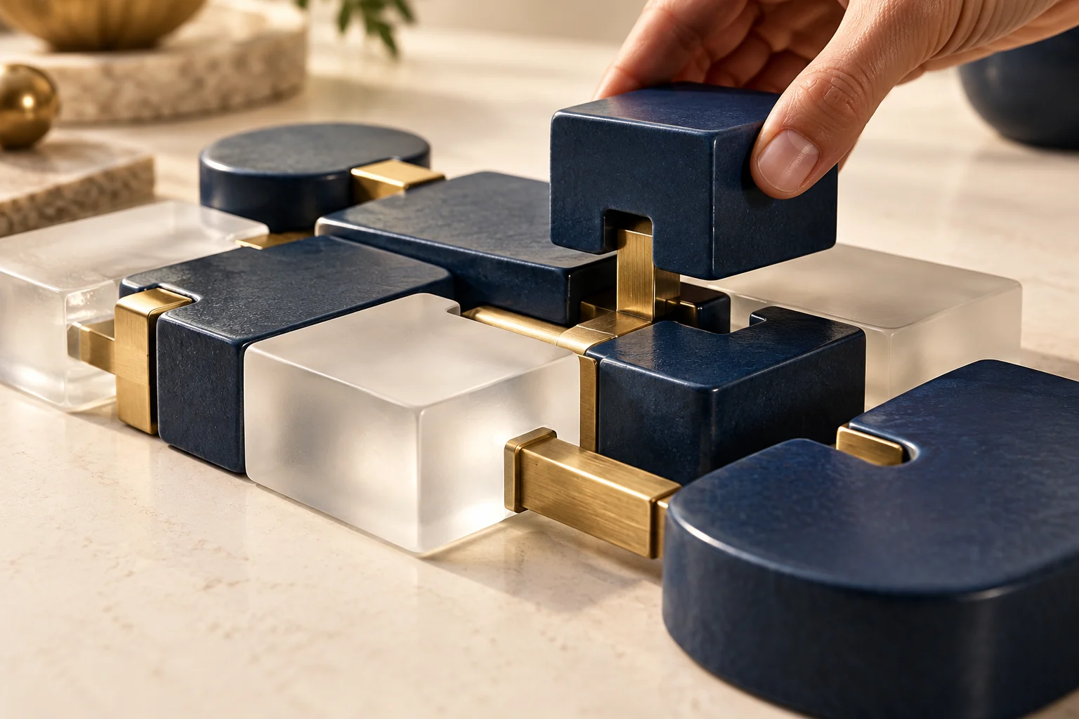 Concept illustration of navy and glass modules joined by brass connectors, representing connected operations.